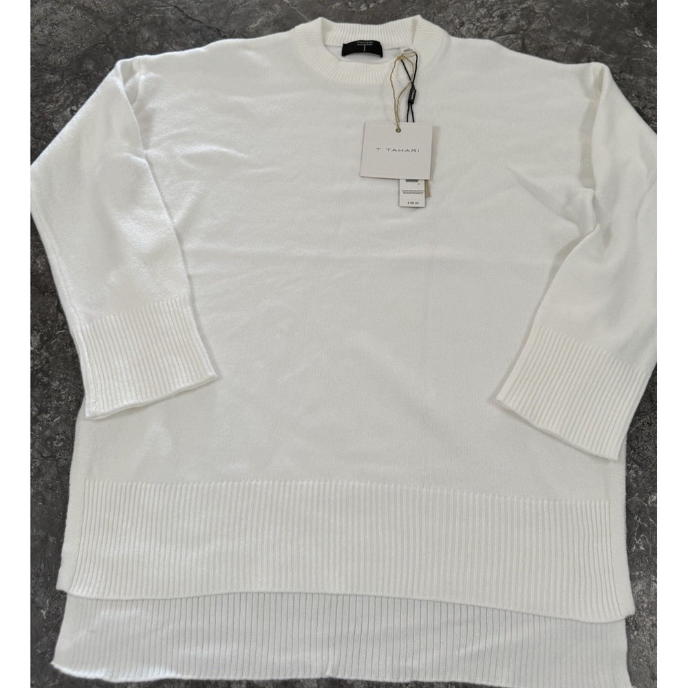 T TAHARI Womens Crewneck Split Hem Sweater Tunic Top Soft Viscose White Sz L‎